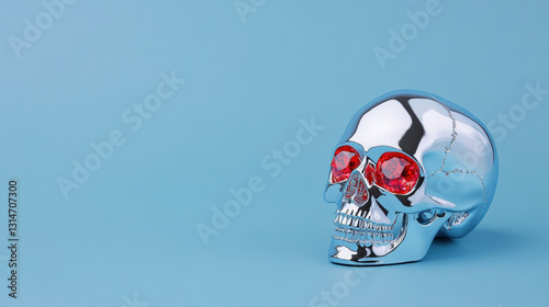 Skull and gems, A gothic silver-plated skull with a glowing red gem, highly detailed and high fidelity image.