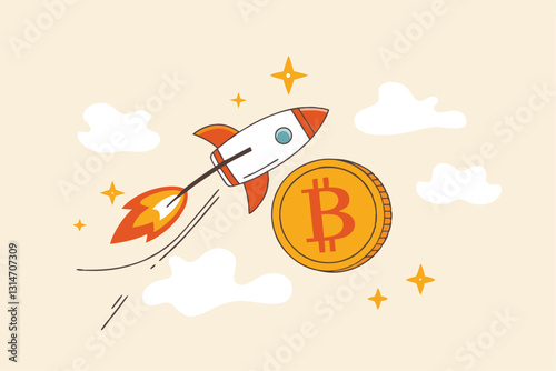 Bitcoin price skyrocket hit record high, cryptocurrency investor got rich with growth high value trading concept, speedy rocket ship holding bitcoin physical coin flying high through space cloud.