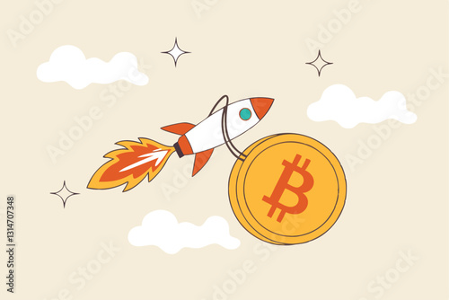 Bitcoin price skyrocket hit record high, cryptocurrency investor got rich with growth high value trading concept, speedy rocket ship holding bitcoin physical coin flying high through space cloud.