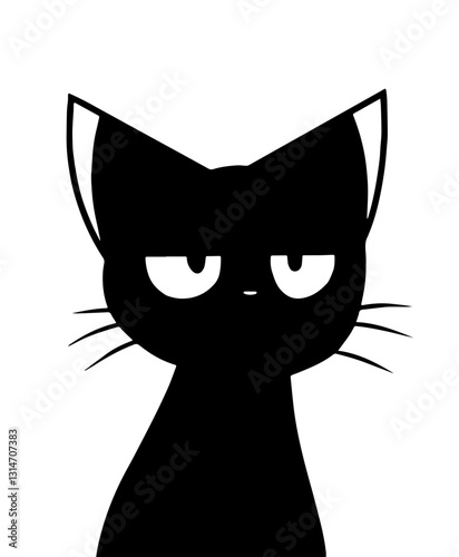 Black silhouette of a cat with large ears, whiskers, and an expression that appears slightly displeased or bored,  independence and mystery.