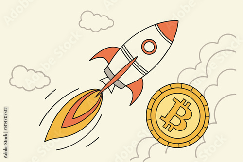 Bitcoin price skyrocket hit record high, cryptocurrency investor got rich with growth high value trading concept, speedy rocket ship holding bitcoin physical coin flying high through space cloud.