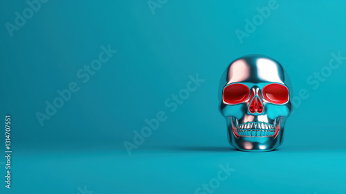 Skull and gems, A gothic silver-plated skull adorned with a glowing red gem, high fidelity image for artistic use.