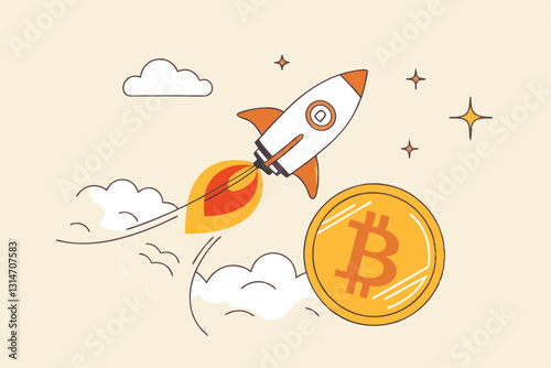 Bitcoin price skyrocket hit record high, cryptocurrency investor got rich with growth high value trading concept, speedy rocket ship holding bitcoin physical coin flying high through space cloud.