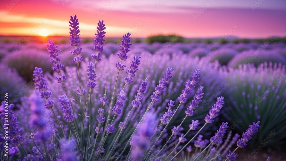 Obraz premium Lavender field. Blooming violet-scented lavender plants. Growing lavender swaying in the breeze at sunset, harvest.