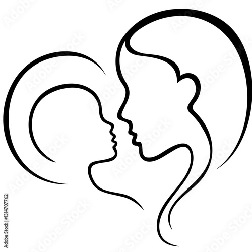 two faces turned towards each other, one representing a young mother and the other a smaller child, with heart-shaped lines forming around them, symbolizing maternal love and connection.