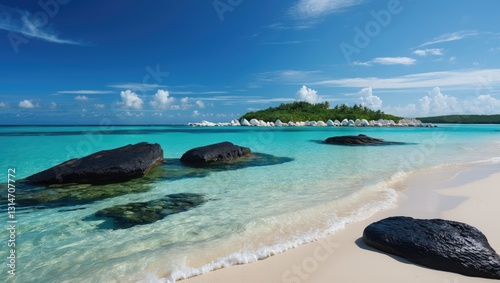 Fototapeta Naklejka Na Ścianę i Meble -  Uncover unspoiled beaches, a genuine paradise of untouched beauty. Featuring white sands, clear turquoise waters, and lively marine life, it serves as a peaceful retreat for nature enthusiasts and ...