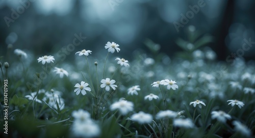 Tiny white flower in the garden during the fresh morning.