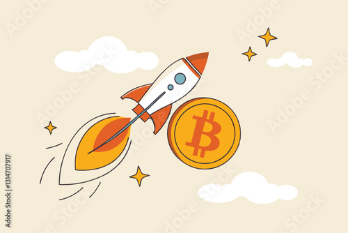 Bitcoin price skyrocket hit record high, cryptocurrency investor got rich with growth high value trading concept, speedy rocket ship holding bitcoin physical coin flying high through space cloud.