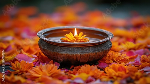 Illuminated flower candle bowl amidst petals