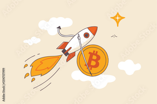 Bitcoin price skyrocket hit record high, cryptocurrency investor got rich with growth high value trading concept, speedy rocket ship holding bitcoin physical coin flying high through space cloud.
