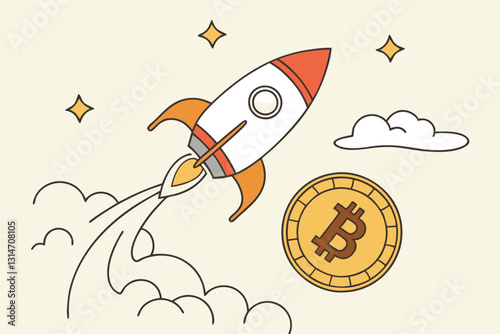 Bitcoin price skyrocket hit record high, cryptocurrency investor got rich with growth high value trading concept, speedy rocket ship holding bitcoin physical coin flying high through space cloud.