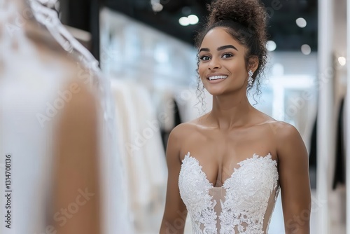 A joyful bride showcasing her stunning wedding dress, radiating happiness as she admires herself in the mirror at a stylish bridal boutique, surrounded by elegance and beauty.