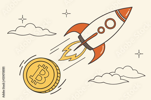 Bitcoin price skyrocket hit record high, cryptocurrency investor got rich with growth high value trading concept, speedy rocket ship holding bitcoin physical coin flying high through space cloud.