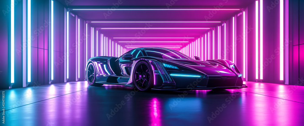Fototapeta premium Sleek black sports car in neon-lit tunnel, showcasing futuristic design and vibrant color contrast. Represents speed, technology, and modern luxury