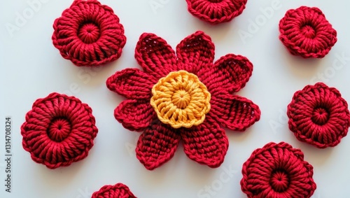 Knitted Cute Red Flower Isolated Against White Background