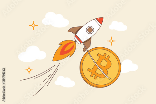 Bitcoin price skyrocket hit record high, cryptocurrency investor got rich with growth high value trading concept, speedy rocket ship holding bitcoin physical coin flying high through space cloud.