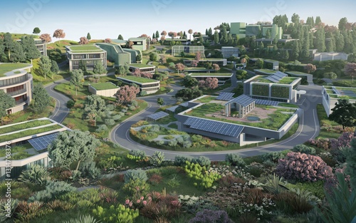 futuristic eco-city with lush greenery, Sustainable city, green rooftops, solar panels, scenic view