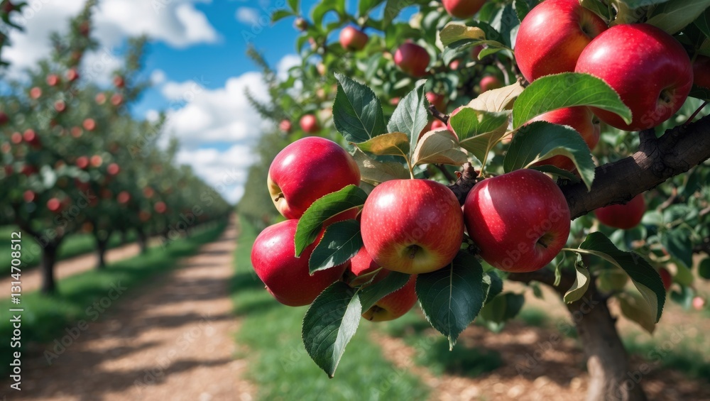 Obraz premium Ripe Red Apples hanging from branches with green leaves and a blurred background of fruit trees and a path.