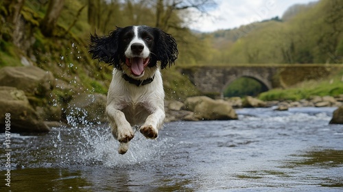 Obraz na płótnie Springer Spaniel leaps river, bridge background, pet joy