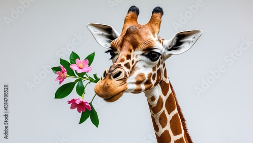 Giraffe face head hanging upside down. Inquisitive giraffe with a flower peeks from above. Gift for you theme. Amusing giraffe with a flower in its mouth. Isolated against a white background.