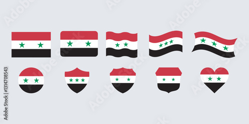 Free Download Various Syrian Flag Designs on a Light Gray Background, flags of countries, Syria flag in design shape set, syria national flag vector set - GFXLoad