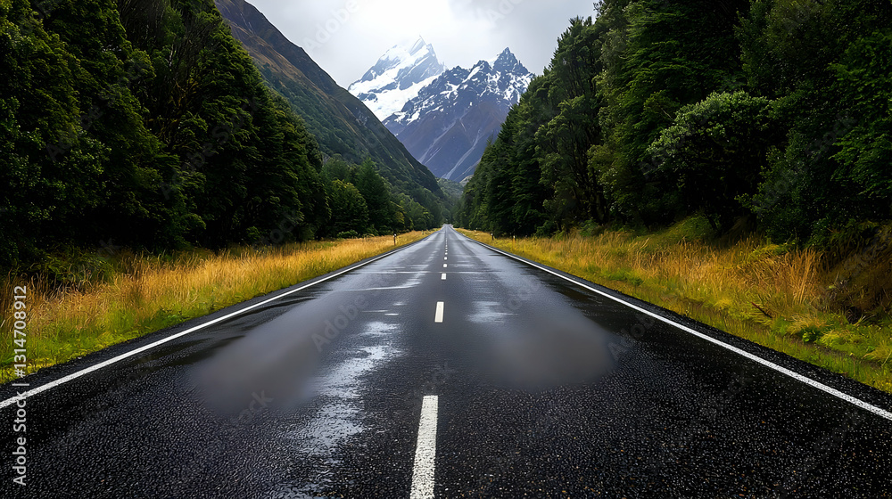 Fototapeta premium Wet Asphalt Road Leading Towards Majestic Mountain Peaks Through Lush Green Forest in Fiordland New Zealand After Rain
