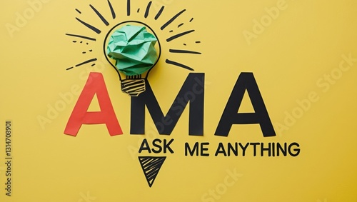 AMA ask me anything symbol. Concept words on a vibrant yellow background featuring a green light bulb icon. Business and concept. Space for text.
