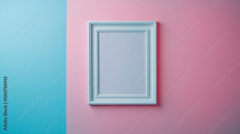 A blank picture frame hangs elegantly on a vibrant, two-toned wall of soft blue and pink. The minimalist design creates an inspiring atmosphere for artistic expression and décor ideas A blank picture frame hangs elegantly on a vibrant, two-toned wall of soft blue and pink. The minimalist design creates an inspiring atmosphere for artistic expression and décor ideas