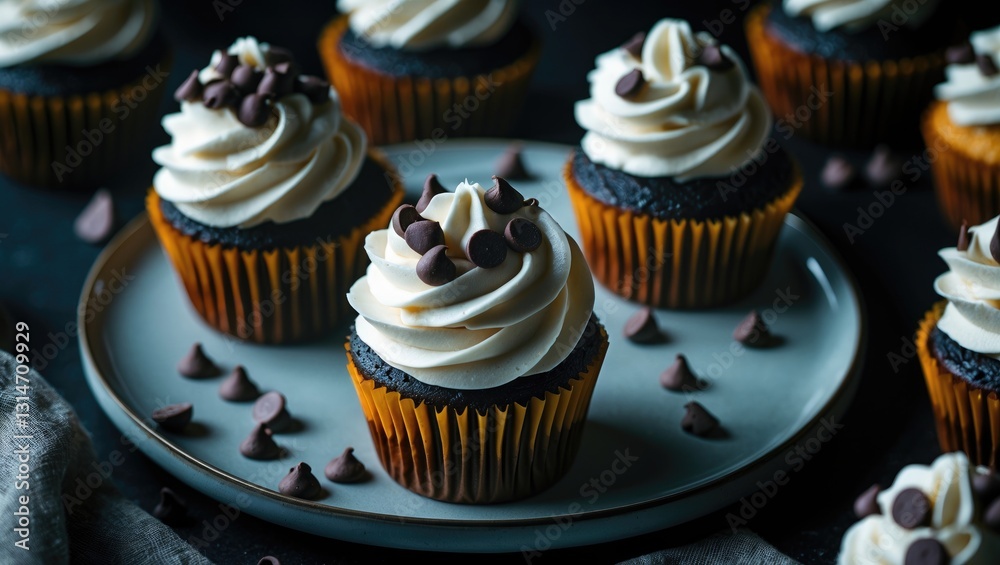 Chiaroscuro or dark food macro photography, flat lay or overhead view of cupcakes topped with chocolate chips on a plate, concept of homemade desserts. Chiaroscuro or dark food macro photography, flat lay or overhead view of cupcakes topped with chocolate chips on a plate, concept of homemade desserts.