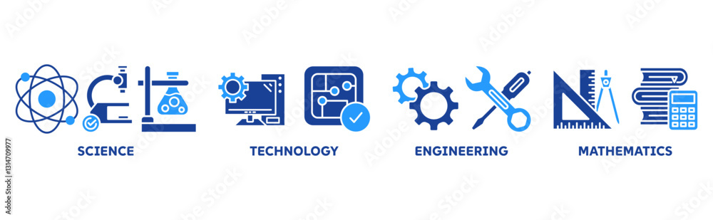 STEM icon set illustration concept for science, technology, engineering, mathematics education with icon of flask, microscope, artificial intelligence, processor, machine, and calculator STEM icon set illustration concept for science, technology, engineering, mathematics education with icon of flask, microscope, artificial intelligence, processor, machine, and calculator