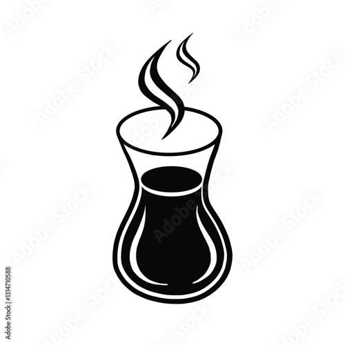 Vector silhouette style of hot Turkish tea cup in plate and sugar isolated Turkish tea cup on white background. Glass of tea cup. Vector design element for graphic design Traditional drink in Turkey. 