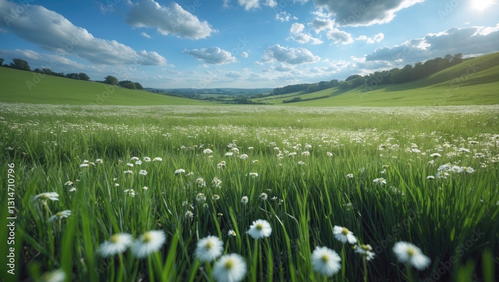 Slow motion. White clover, chamomile flowers, and grass field under the summer morning sun. White chamomile accompanied by pink clover flowers. Beautiful view of a flower meadow on a sunny day. Slow motion. White clover, chamomile flowers, and grass field under the summer morning sun. White chamomile accompanied by pink clover flowers. Beautiful view of a flower meadow on a sunny day.