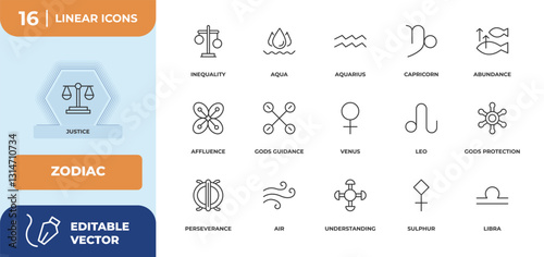 outline icons set - zodiac concept. justice, inequality and more.
