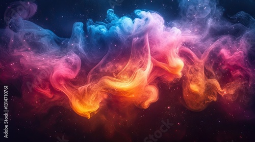 A vibrant abstract composition featuring swirling wisps of smoke in hues of blue and red, set against a deep black background.