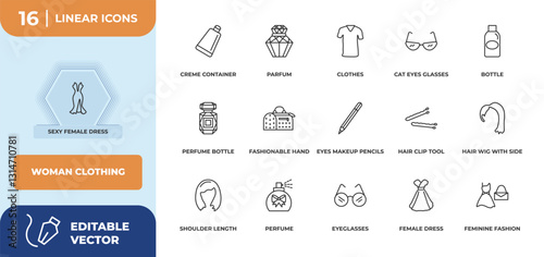 outline icons set - woman clothing concept. sexy female dress, creme container black and more.