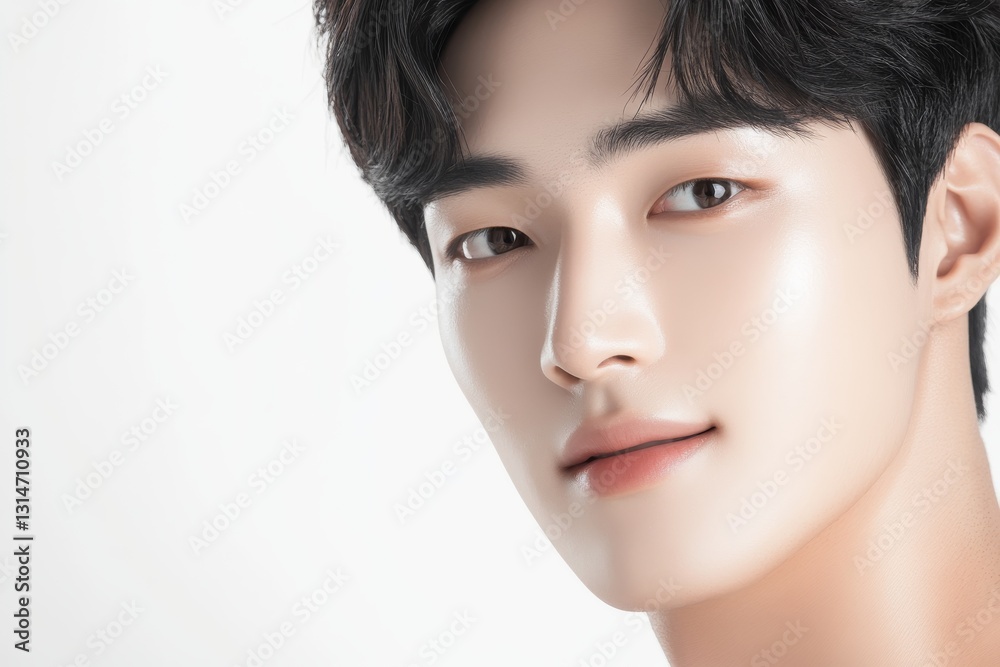 Obraz premium A close-up portrait of a young Korean man with smooth skin and a confident expression, set against a light background.