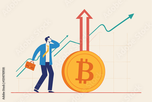 Bitcoin BTC price soaring sky high hit new high record concept, businessman investor look high at rising up arrows from Bitcoin symbol with green chart and graph.