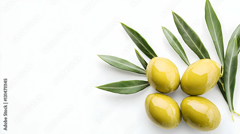 Four Glossy Green Olives With Fresh Leaves On A Bright White Background With Copy Space Four Glossy Green Olives With Fresh Leaves On A Bright White Background With Copy Space