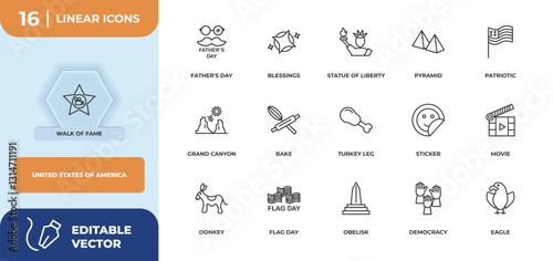 outline icons set - united states of america concept. walk of fame, father's day and more.
