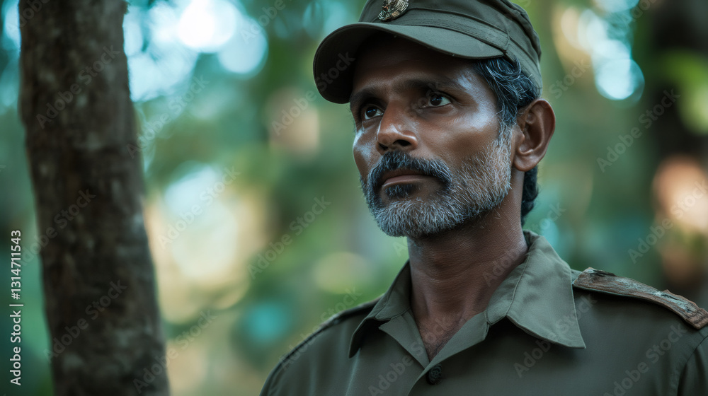 Obraz premium Portrait of confident mature indian park ranger wearing uniform and cap patrolling in tropical forest in India or Sri Lanka