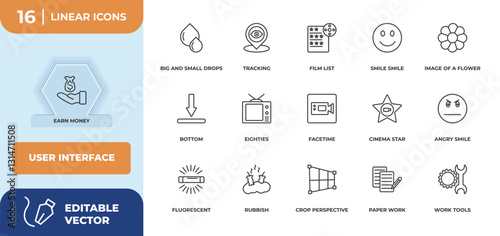 outline icons set - user interface concept. earn money, big and small drops and more.