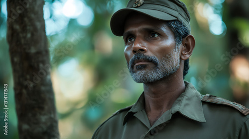 Fototapeta Naklejka Na Ścianę i Meble -  Portrait of confident mature indian park ranger wearing uniform and cap patrolling in tropical forest in India or Sri Lanka