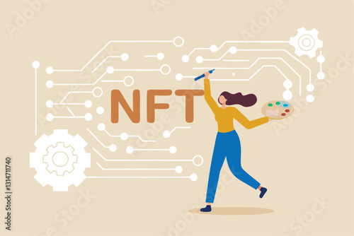 NFT non-fungible token, selling crypto art or painting as unique digital asset with cryptocurrency payment in online bidding website, artist woman painting beautiful digital canvas with the word NFT.