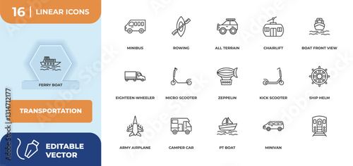 outline icons set - transportation concept. ferry boat, minibus and more.