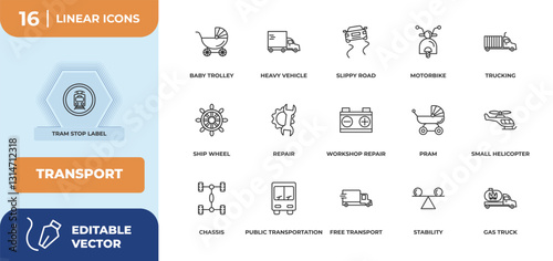 outline icons set - transport concept. tram stop label, baby trolley and more.