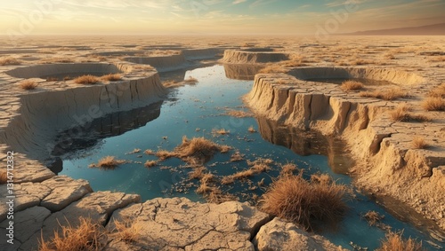 Sinkholes of drained lake during the summer dry period