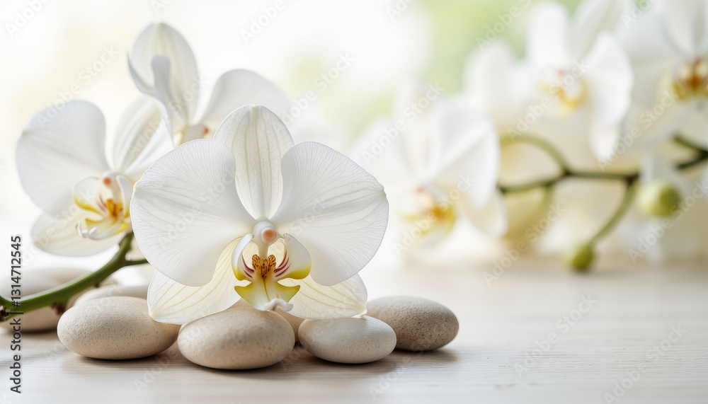 Delicate white orchids arranged on pebbles, calming spa ambiance Delicate white orchids arranged on pebbles, calming spa ambiance