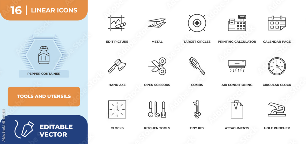 outline icons set - tools and utensils concept. pepper container, edit picture and more. outline icons set - tools and utensils concept. pepper container, edit picture and more.
