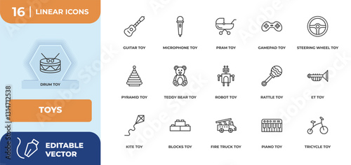 outline icons set - toys concept. drum toy, guitar toy and more.