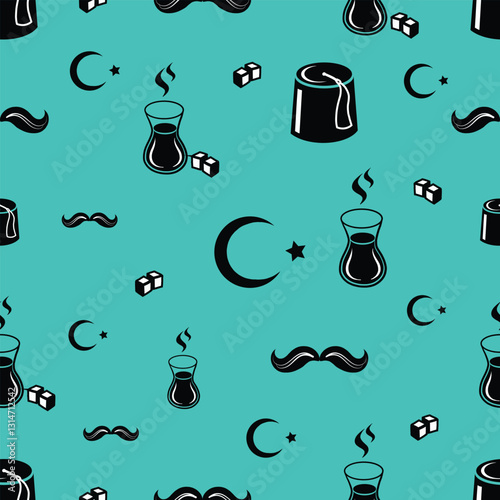 Silhouette Turkish Cultural Iconic Symbols Seamless Pattern. Tea Cup and Sugar Cubes, Crescent and Star, Mustache and Fes Hat Cultural Repeatable Pattern Design on Blue Background.